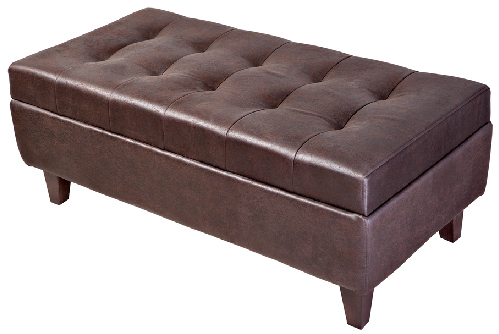 Modern, dark brown, button tufted leatherette bench ottoman upholstered, isolated.